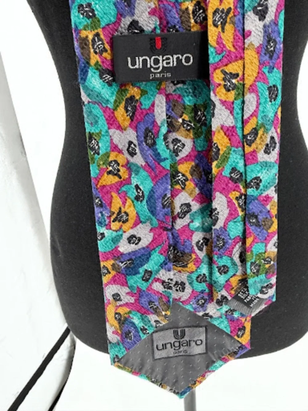 Vintage Emanuel Ungaro Paris Colorful Abstract Floral Silk Necktie